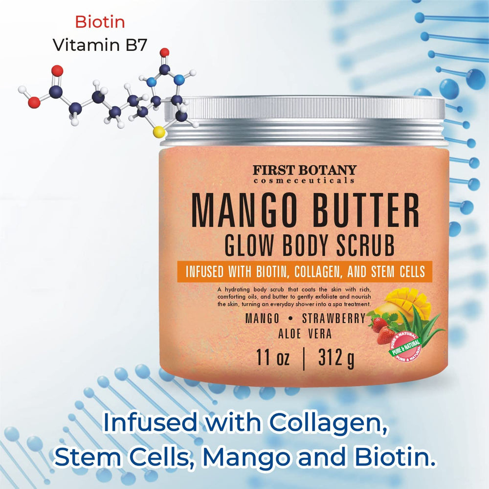 First Botany Mango Butter Body Scrub texture close-up demonstrates creamy exfoliation.