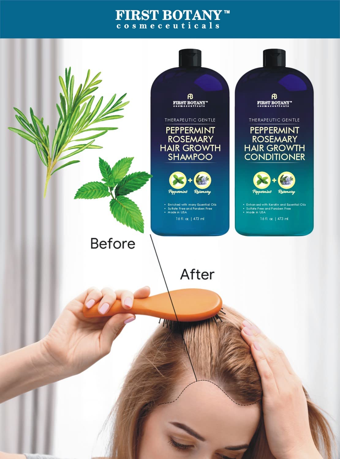 First Botany peppermint rosemary conditioner bottle 16oz promotes detangling and shine