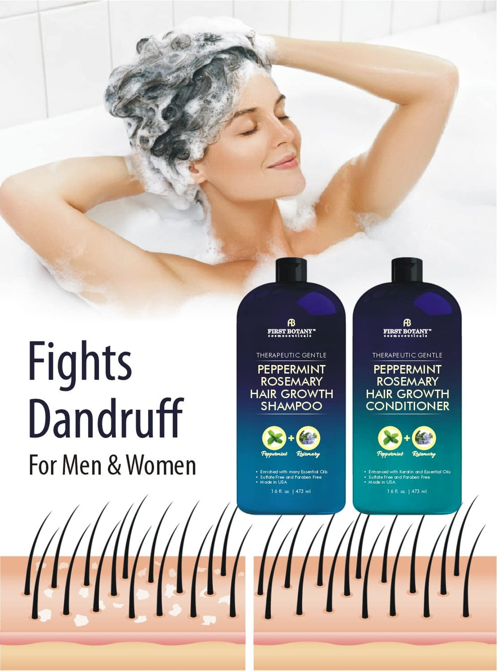 First Botany peppermint rosemary shampoo closeup highlighting refreshing scalp cleanse