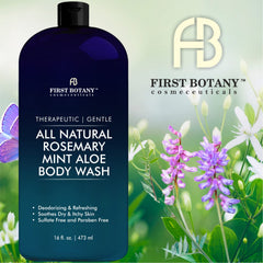 First Botany Rosemary Mint Body Wash bottle back reveals ingredients and usage notes