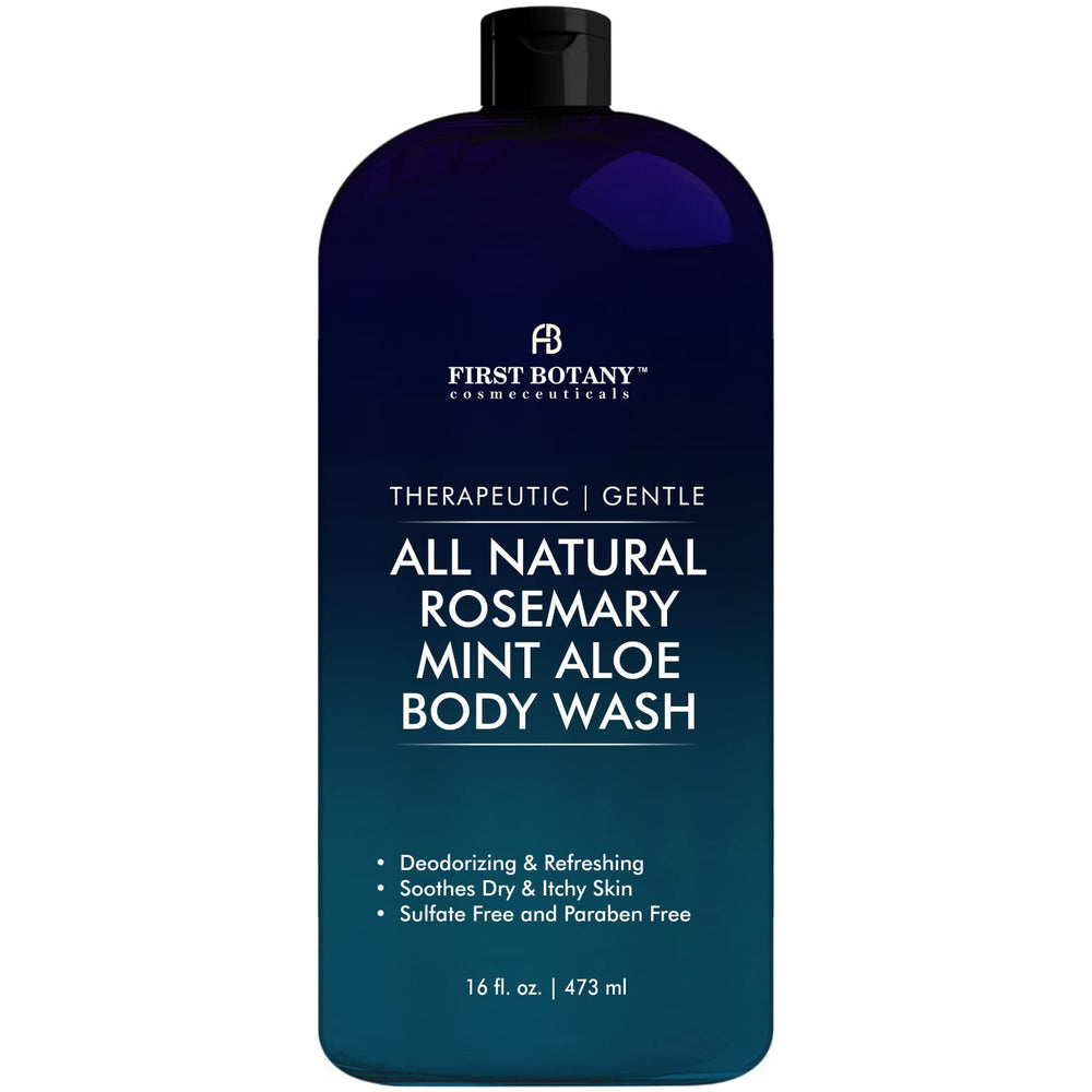 First Botany Rosemary Mint Body Wash bottle front shows inviting, all-natural cleanse