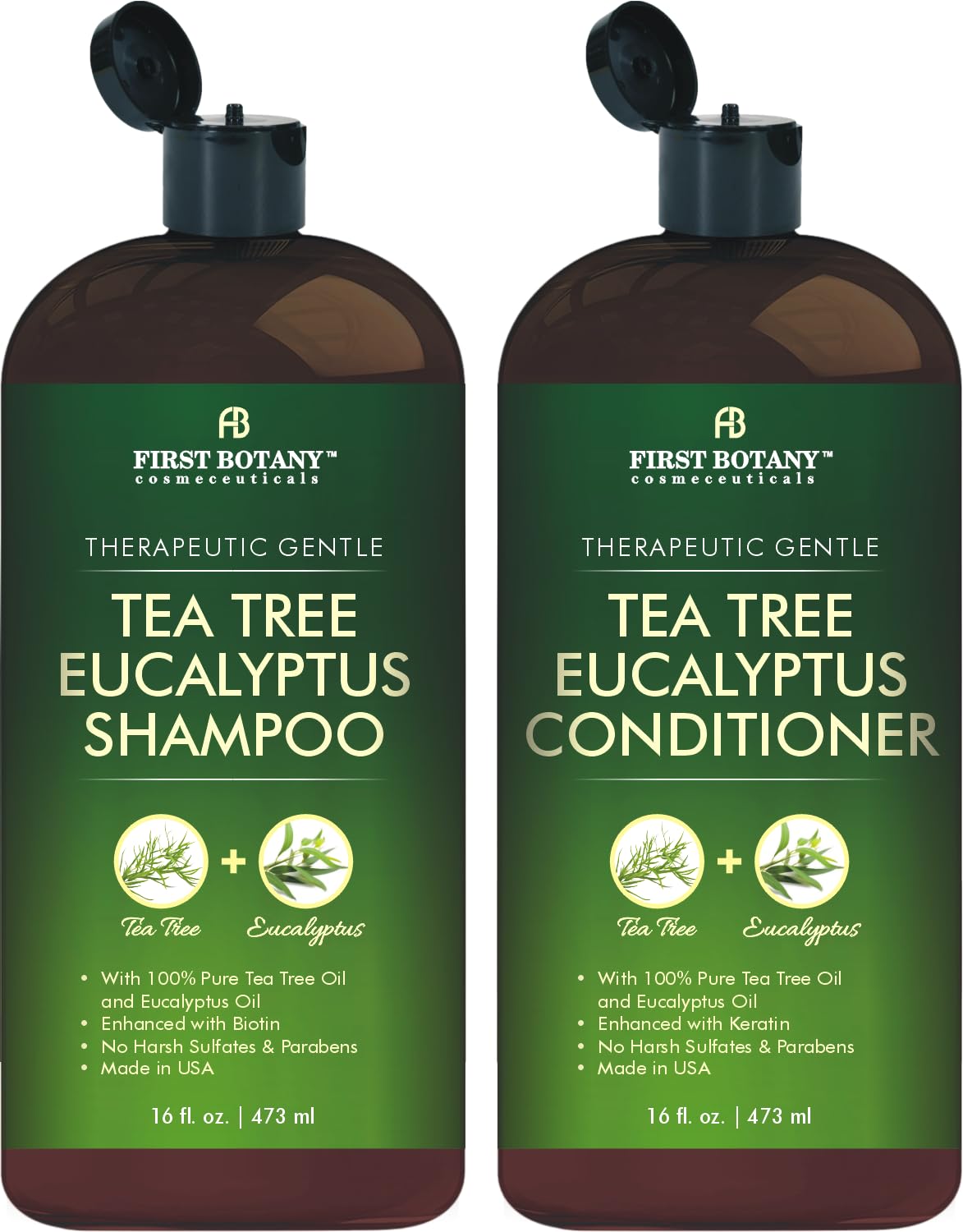 First Botany Tea Tree Shampoo bottle shows clarifying scalp cleanse and fresh feel