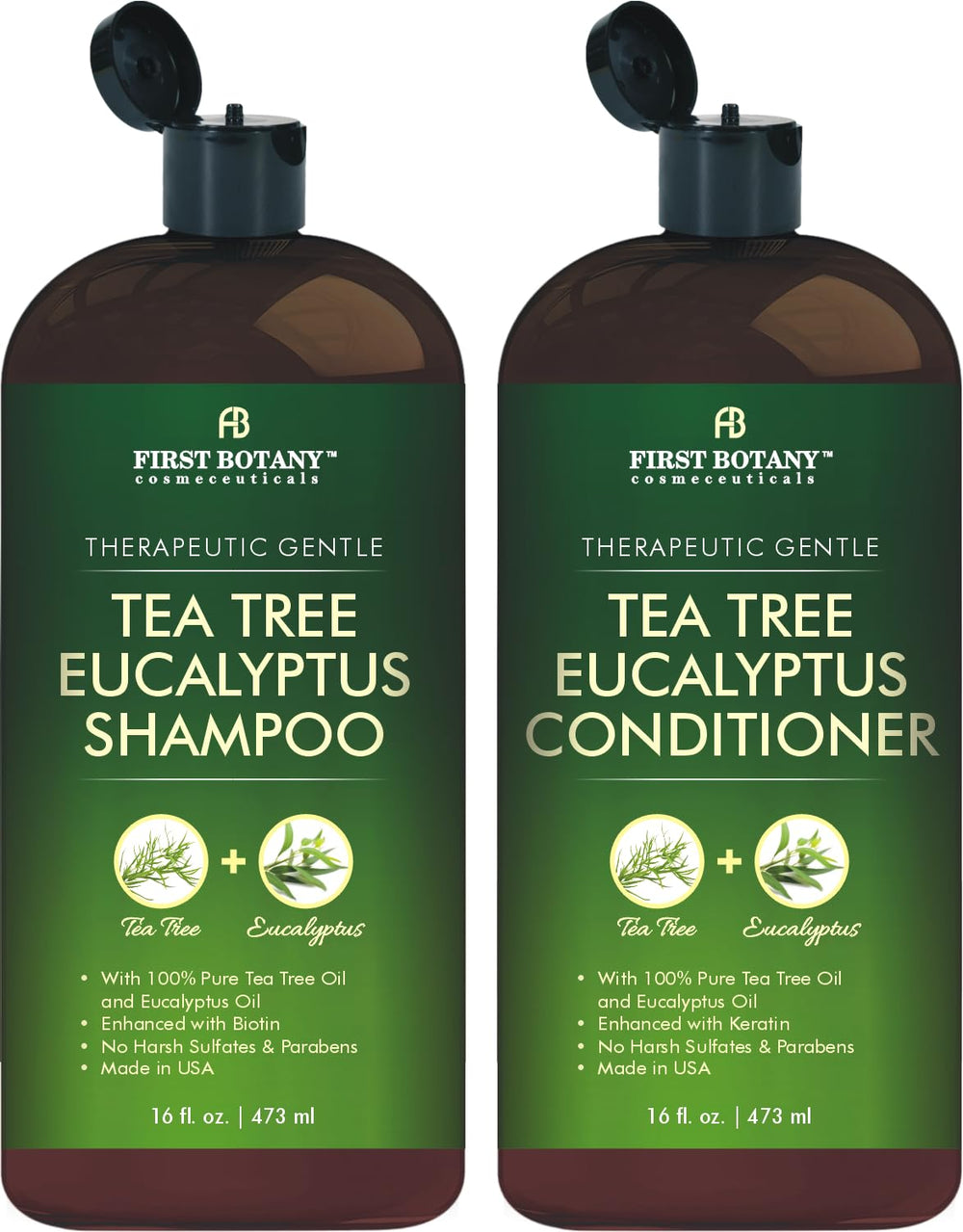 First Botany Tea Tree Shampoo bottle shows clarifying scalp cleanse and fresh feel