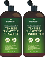 First Botany Tea Tree Shampoo bottle shows clarifying scalp cleanse and fresh feel