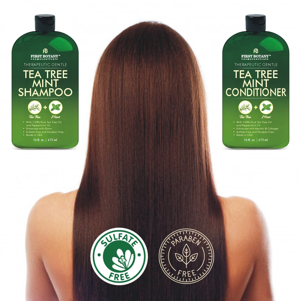 First Botany Tea Tree Mint Conditioner apply shot highlighting frizz control and shine.