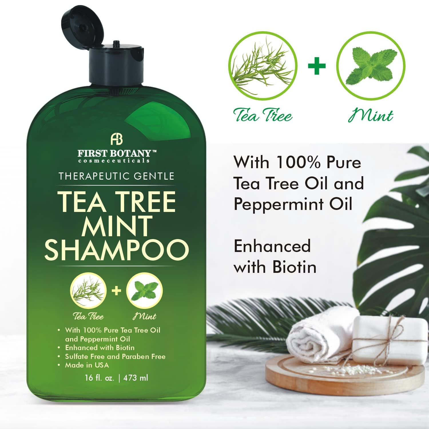 First Botany Tea Tree Mint Shampoo lather close-up with cooling peppermint tingle.