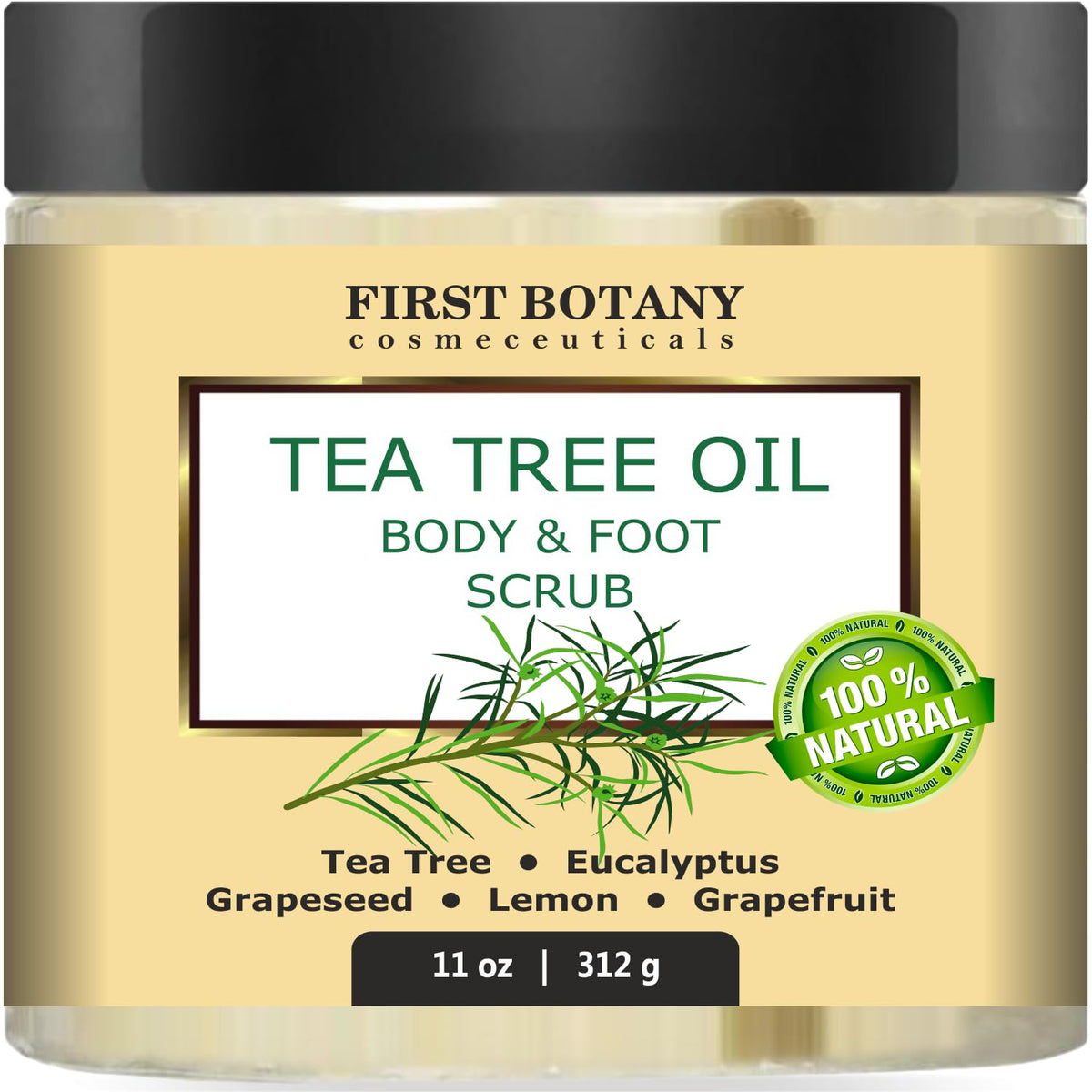 First Botany tea tree body scrub jar showing natural exfoliation for smoother skin