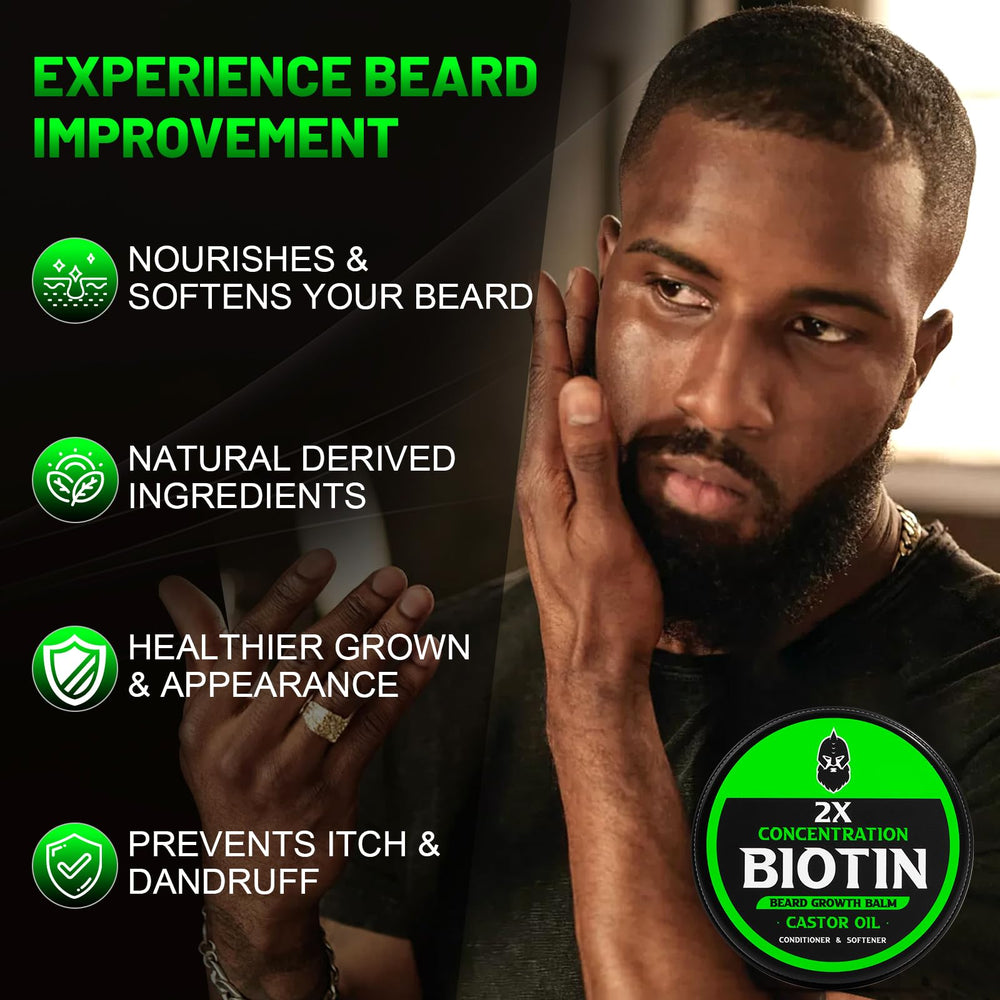 First Melody balm ingredients display natural oils and biotin for beard care.