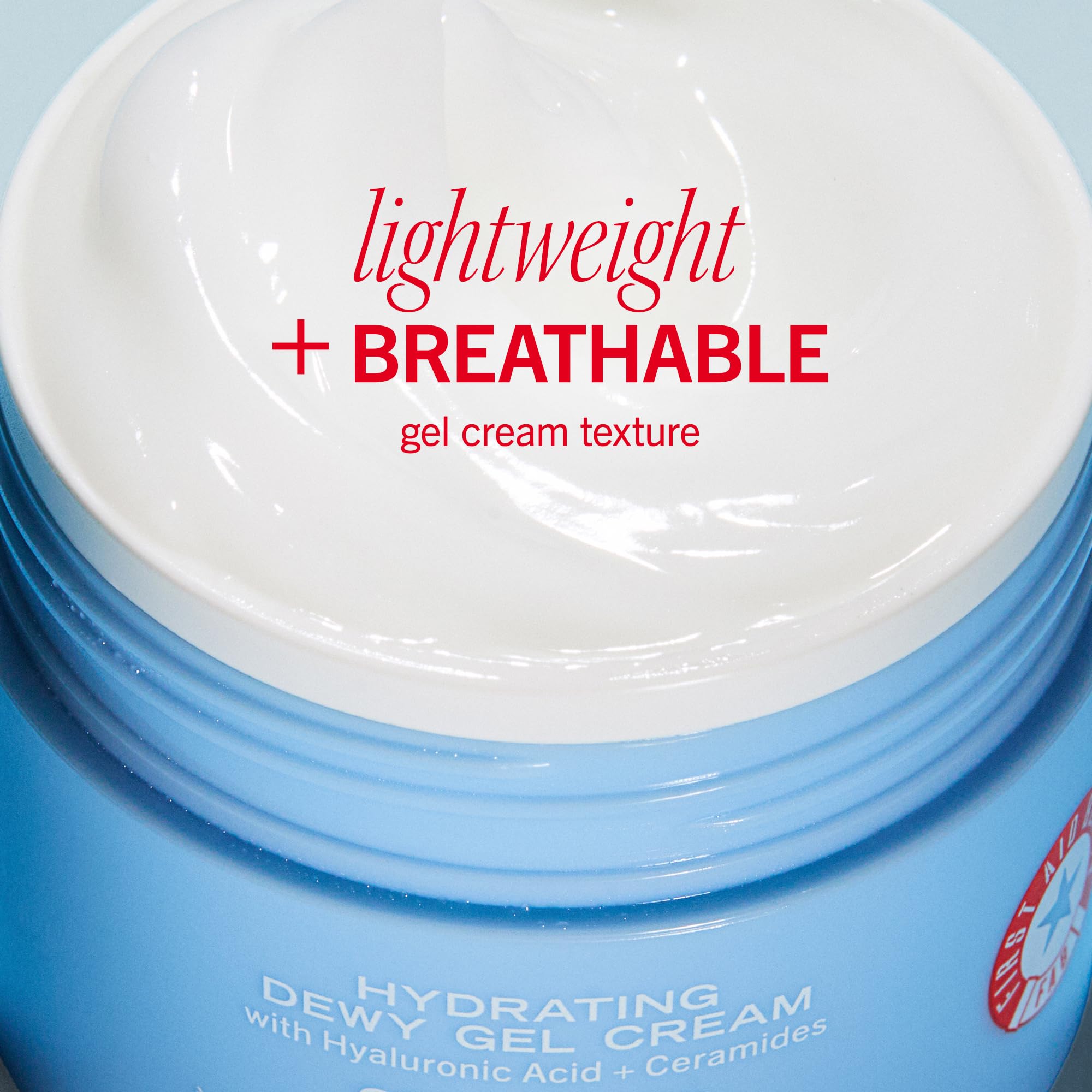 First Aid Beauty Hydrating Dewy Gel Cream barrier ceramides graphic demonstrating moisture retention.