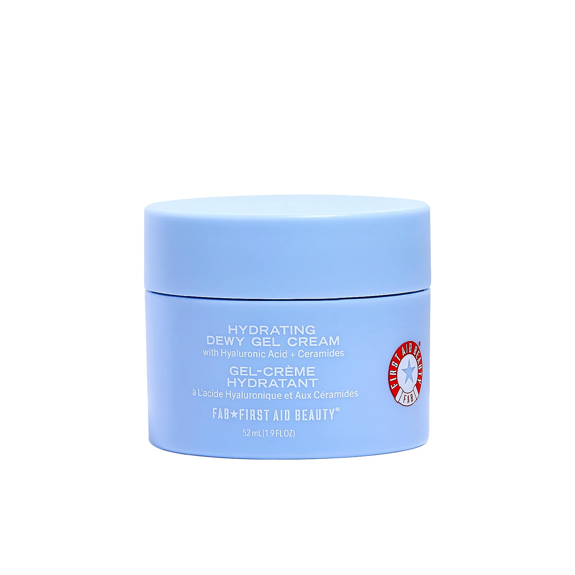 First Aid Beauty Hydrating Dewy Gel Cream jar close-up highlighting lightweight hydration.