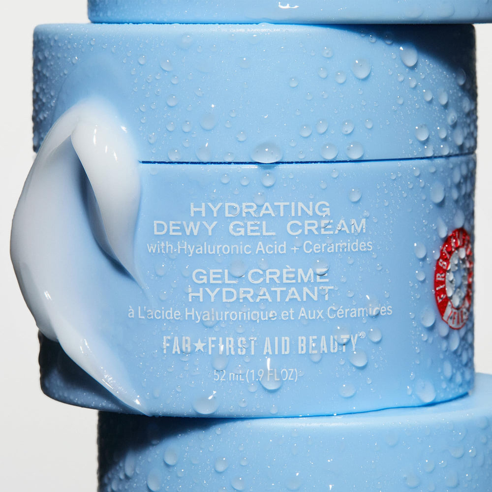 First Aid Beauty Hydrating Dewy Gel Cream hyaluronic acid emphasis for plump skin.