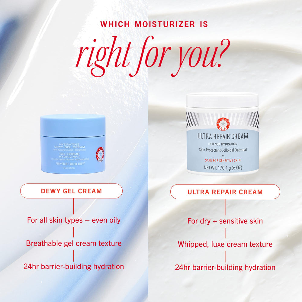 First Aid Beauty Hydrating Dewy Gel Cream packaging close-up travel-friendly jar.