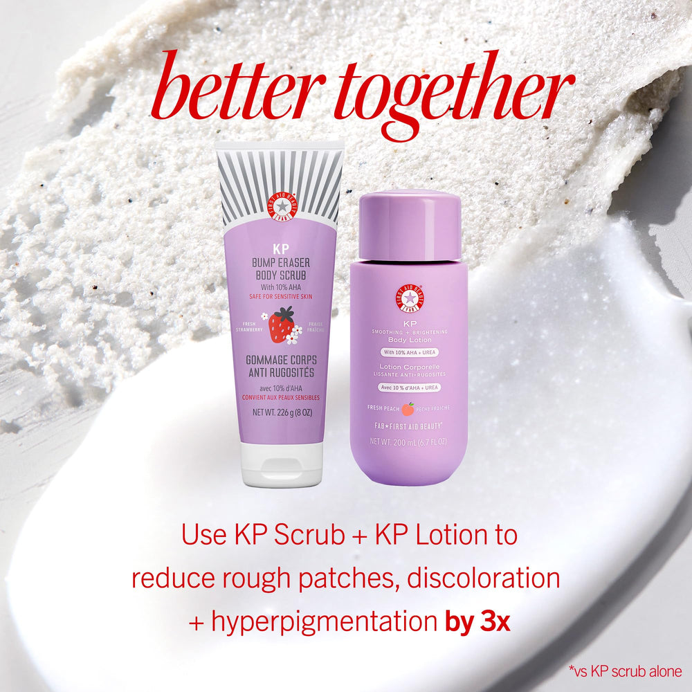 First Aid Beauty KP Bump Eraser strawberry scent close-up on skin during use.