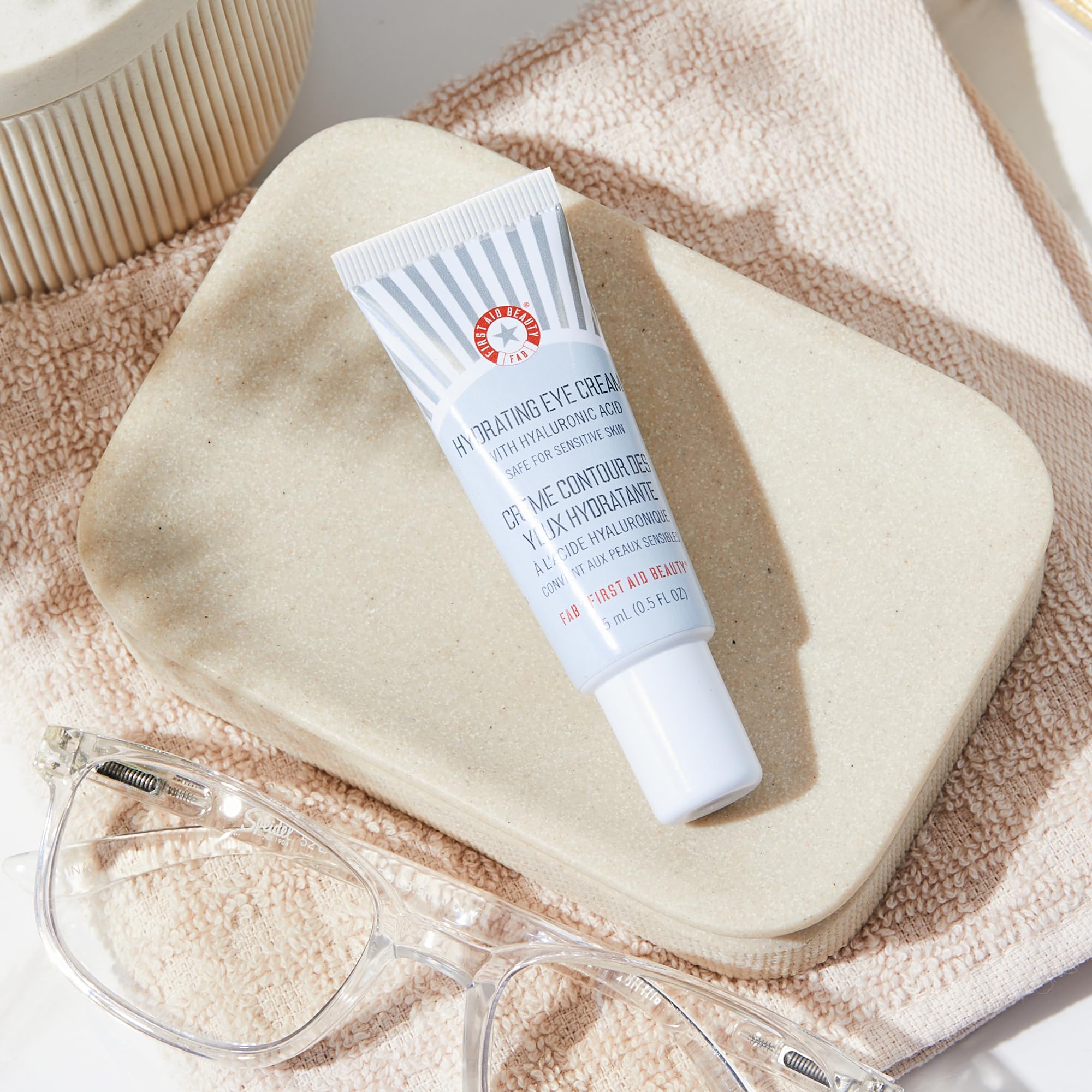 First Aid Beauty Packaging recyclable cruelty-free logo highlights eco-conscious choice for sensitive skincare routines.
