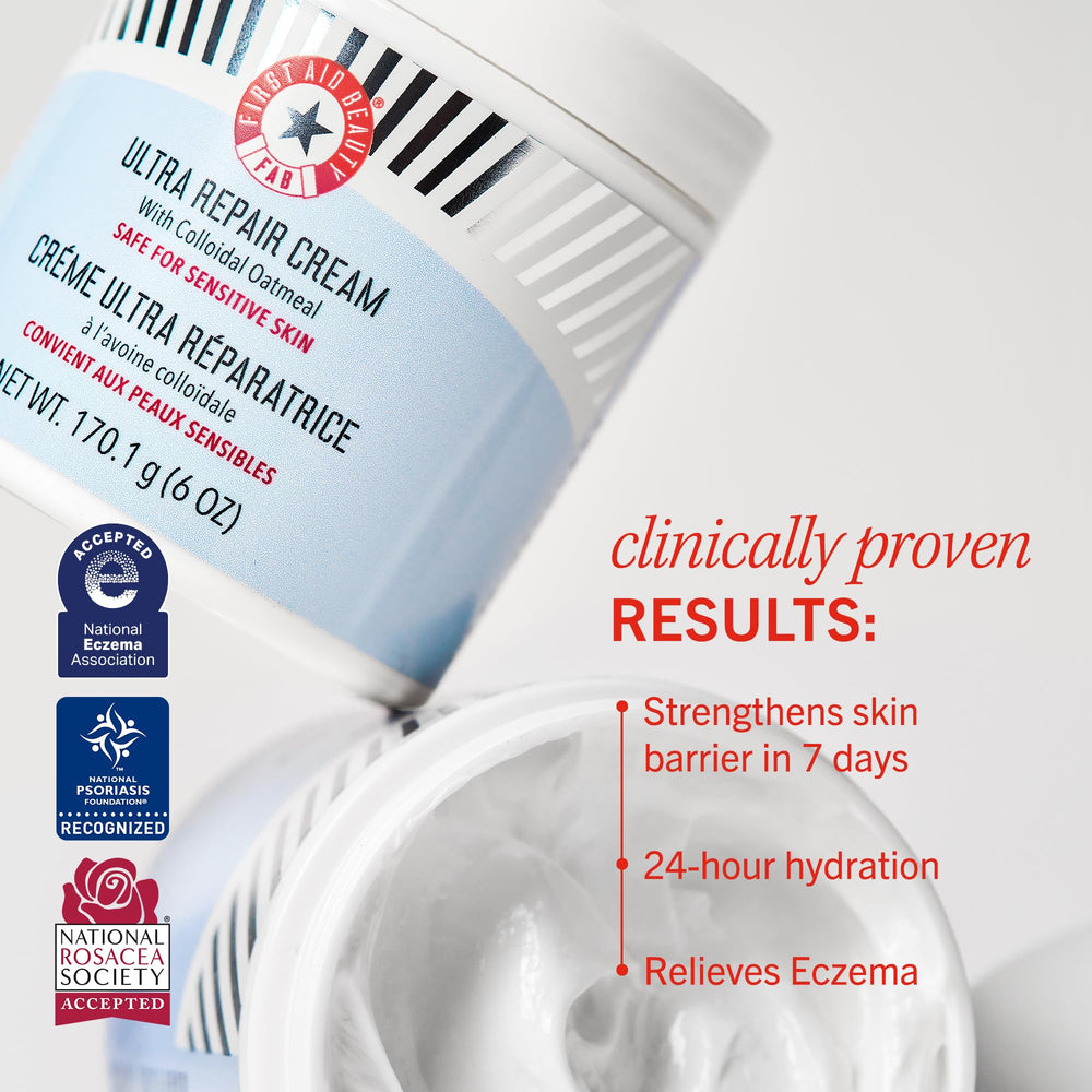 First Aid Beauty Ultra Repair ingredient panel features colloidal oatmeal and shea butter.