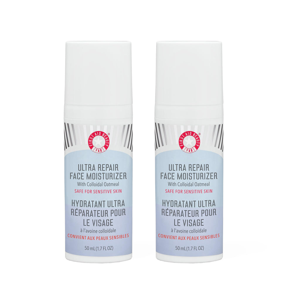 First Aid Beauty Ultra Repair moisturizer pack front shows two bottles for daily hydration.