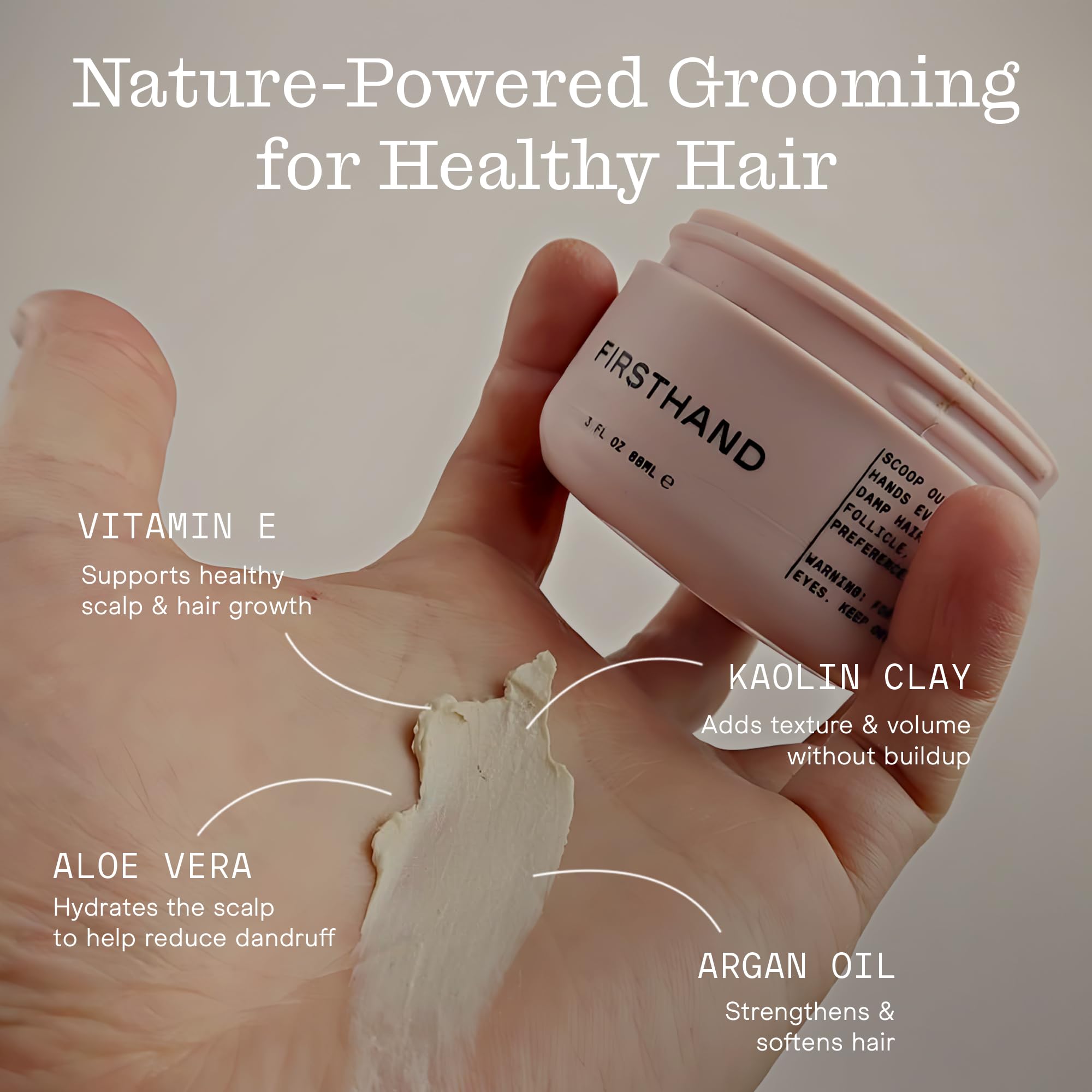Firsthand Supply Hair Clay Pomade on styled hair displaying a matte, flexible hold.
