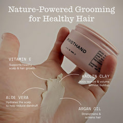 Firsthand Supply Hair Clay Pomade on styled hair displaying a matte, flexible hold.