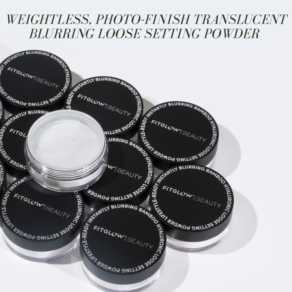 Fitglow Bamboo Hyaluronic Loose Powder packaging on vanity for long-lasting setting.