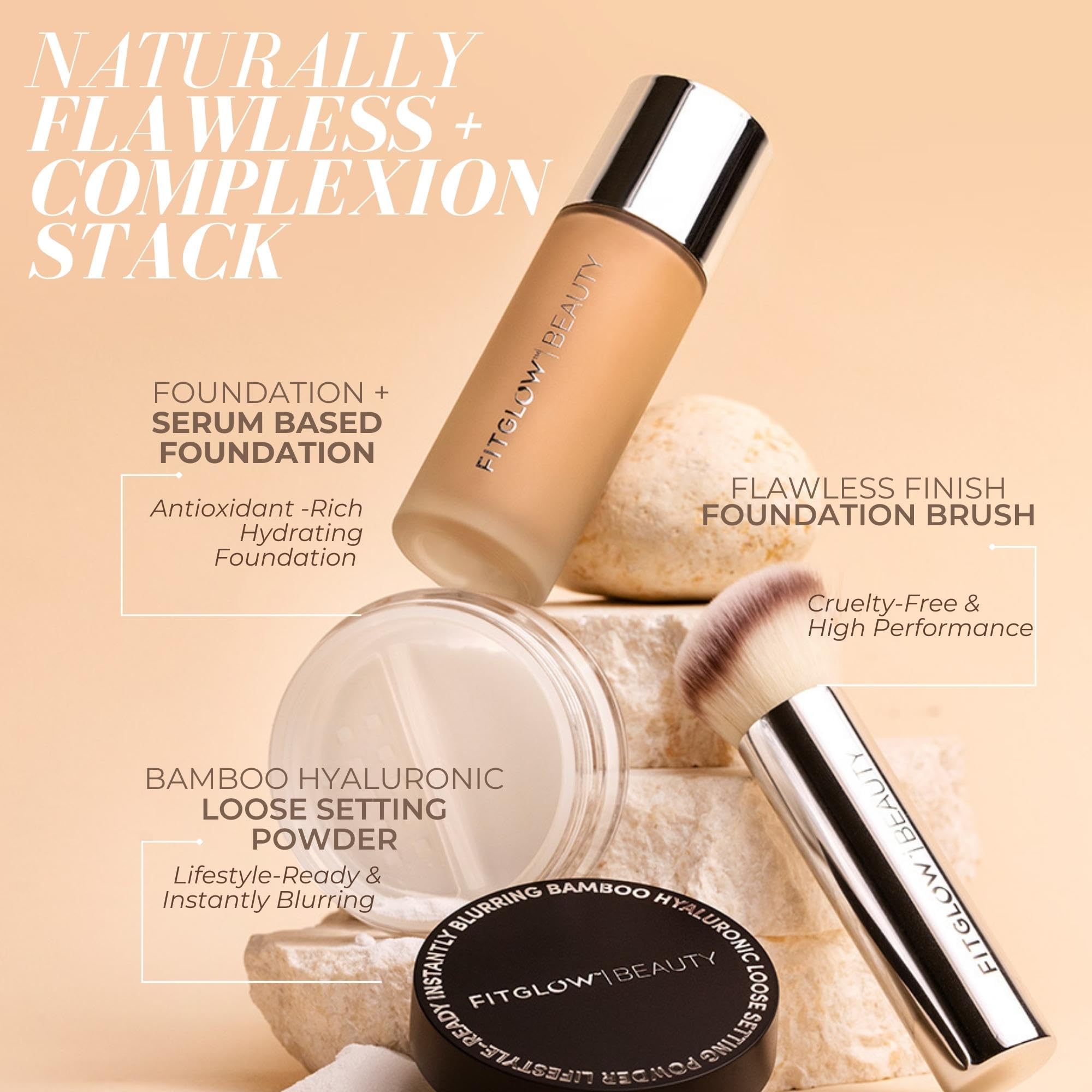 Fitglow Bamboo Hyaluronic Loose Powder swatch reveals translucent, weightless coverage.