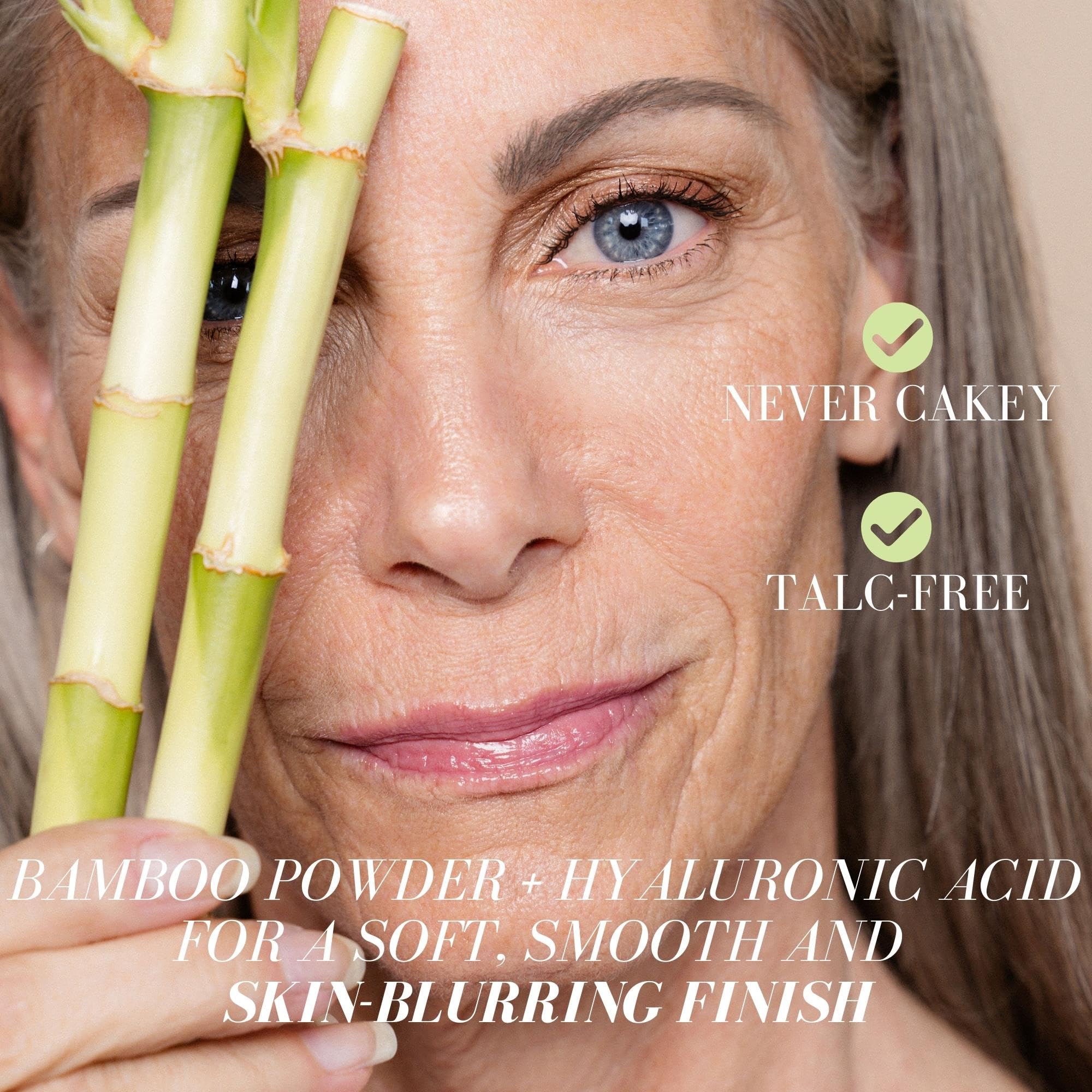 Closeup texture of Fitglow Bamboo Hyaluronic Loose Powder for smooth, natural look.