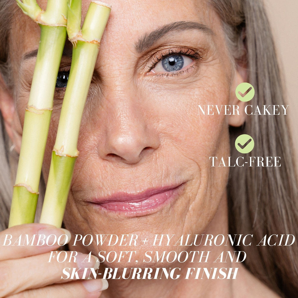 Closeup texture of Fitglow Bamboo Hyaluronic Loose Powder for smooth, natural look.