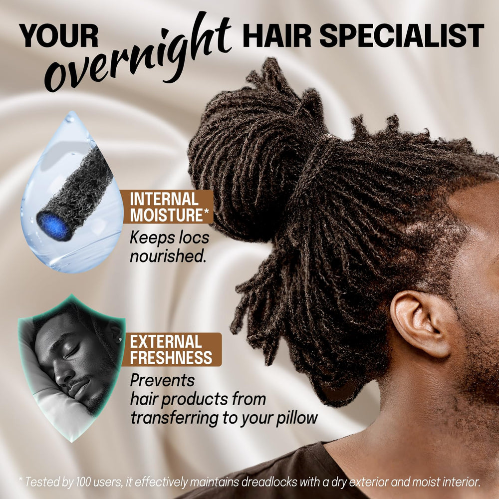 Fittia large satin bonnet worn at night delivers moisture retention and frizz reduction.