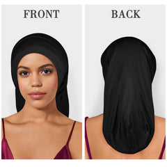 Fittia Long XL Silk Satin Bonnet wraps hair for protection.