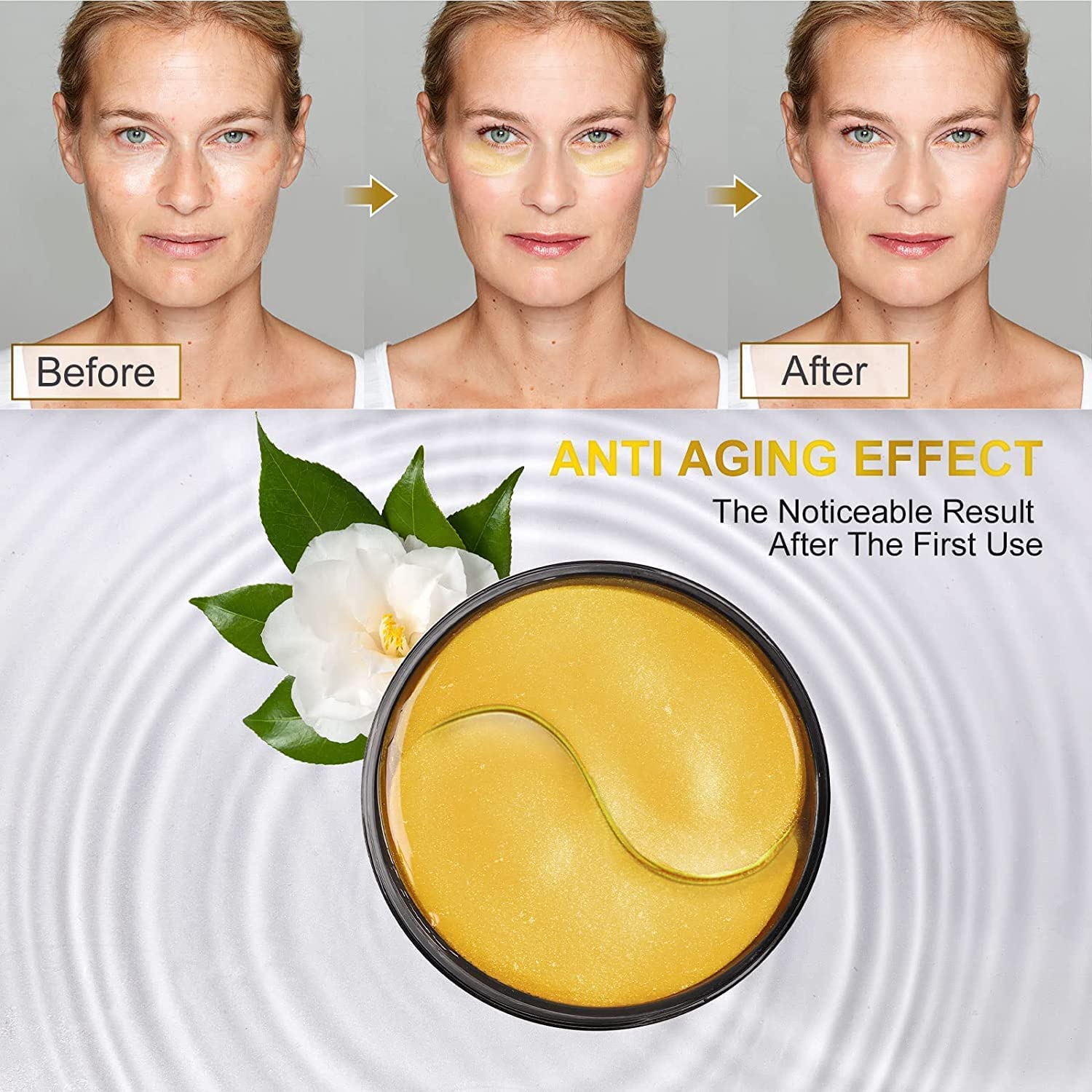 Fivewan 24k gold under-eye patches close-up shows luxe formula for soothing under-eye area