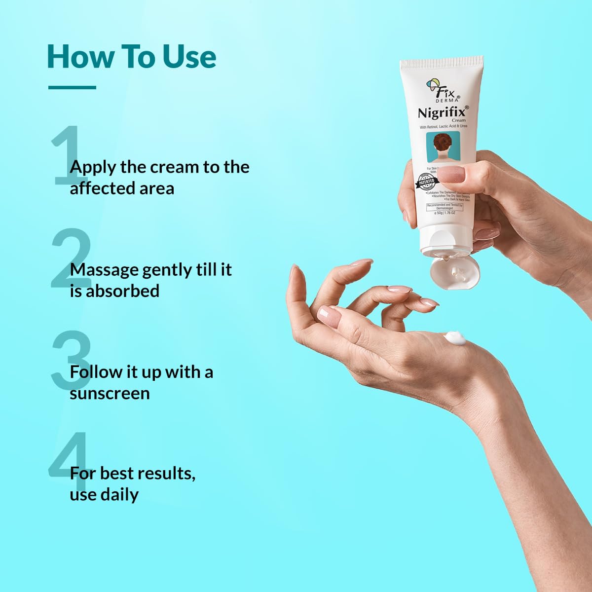 Neck-area application with Fixderma Nigrifix demonstrates even skin tone potential