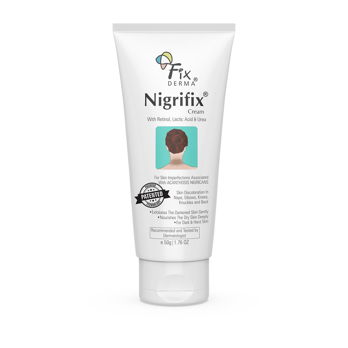 Product packaging of Fixderma Nigrifix communicates dermatologist-tested credibility