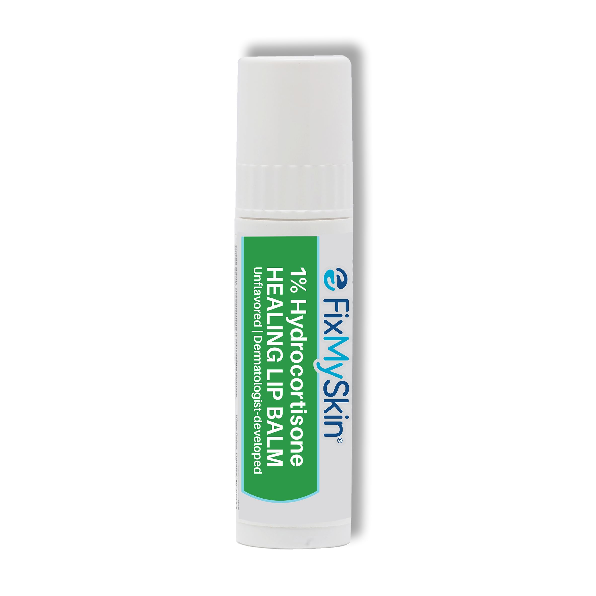 FixMySkin 1% hydrocortisone lip balm tube delivers targeted lip relief.