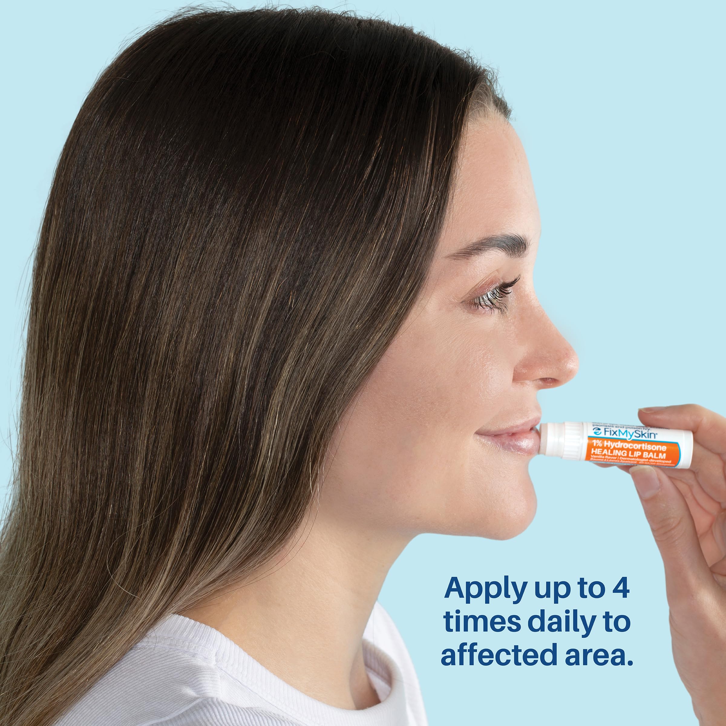 FixMySkin healing-stick in use demonstrates discreet cold sore comfort.