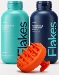 Flakes anti-dandruff shampoo bottle pour demonstrates hydrating cleansing.