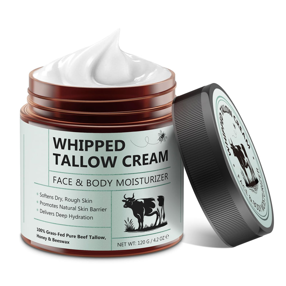 FlameBeauty whipped beef tallow jar close-up with honey swirl for rich hydration.