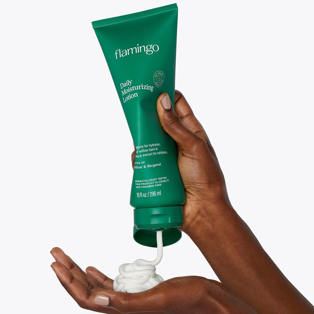 Flamingo Daily Moisturizing Lotion exfoliation scene features willow bark and papaya for radiant-looking skin