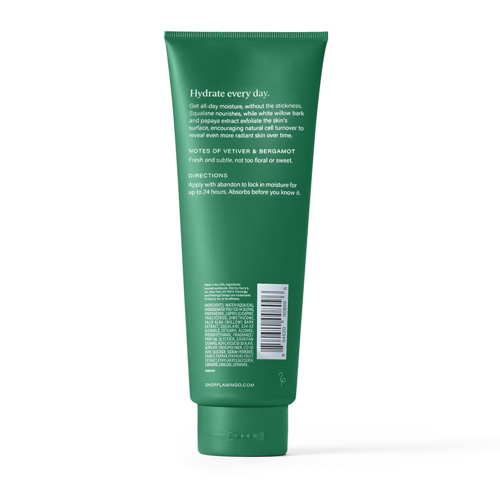 Flamingo Daily Moisturizing Lotion bottle with vetiver, bergamot, jasmine aroma enhances routine