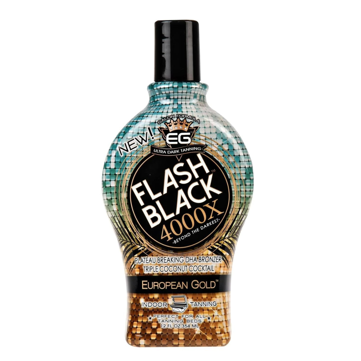 Flash Black European Gold bottle closeup hints at deeper indoor tanning color