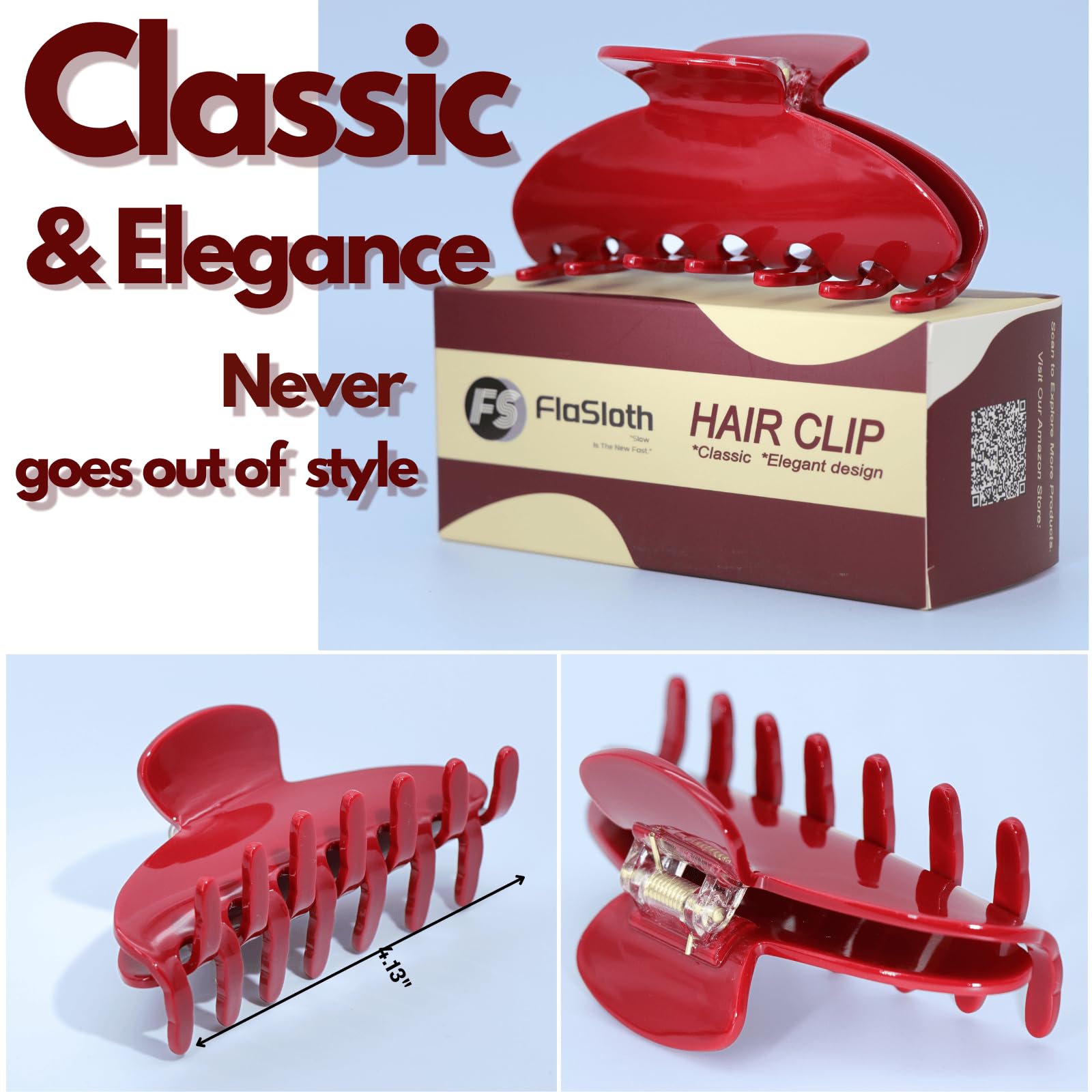 FlaSloth cherry red acetate clip shows vibrant color and secure hold for all-day wear.