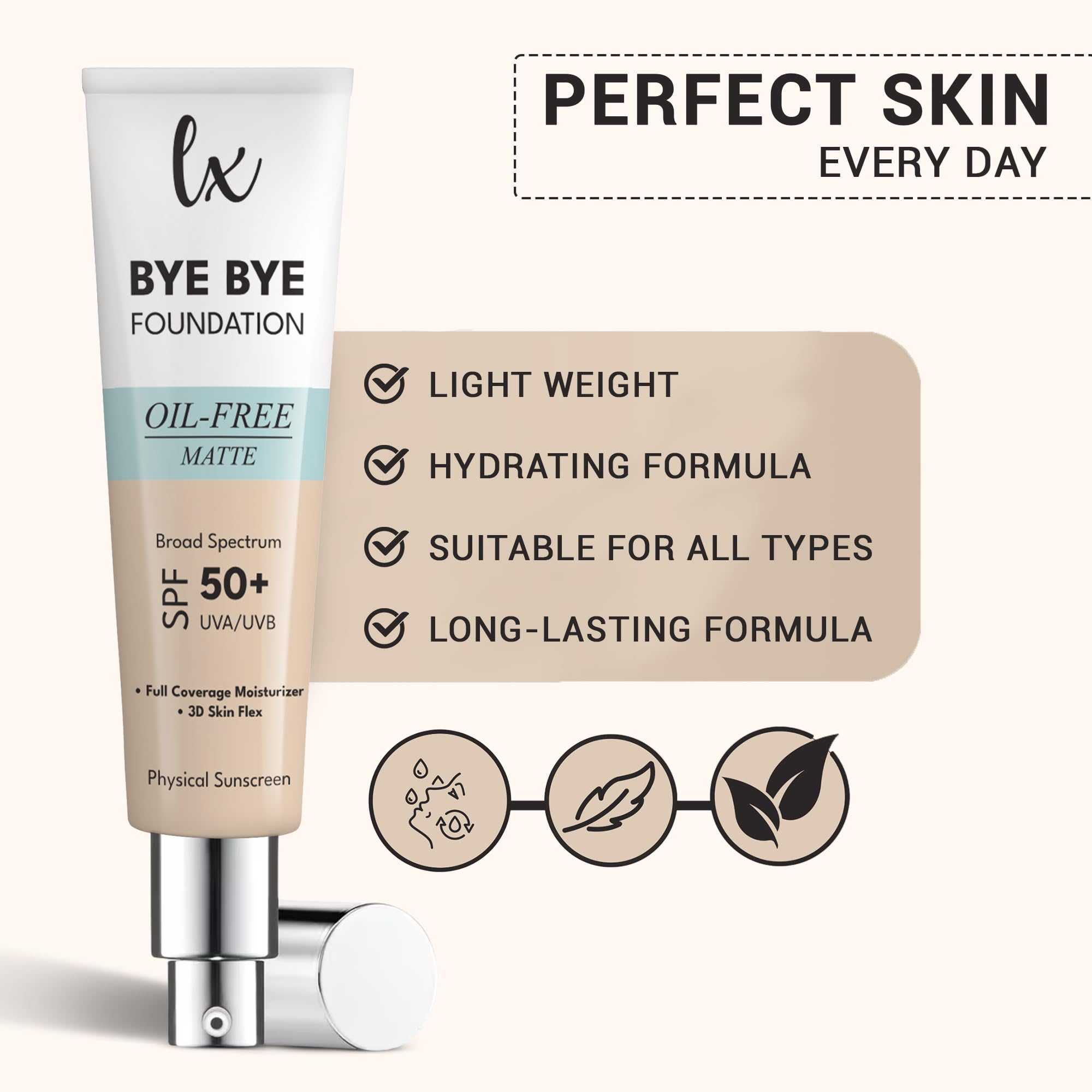 Chamomile-infused foundation on skin emphasizes calming, gentle application.