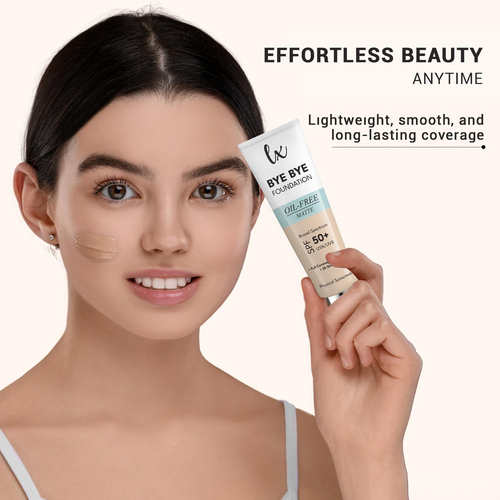 Travel-friendly Bye Bye Foundation packaging supports quick touch-ups on the go.