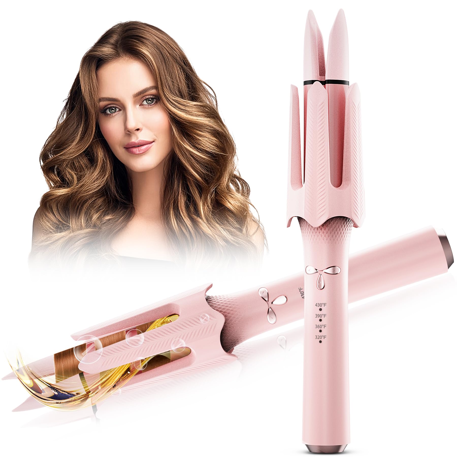 FlexiGlide auto rotating curler pink barrel close-up showing ceramic coating for moisture retention.