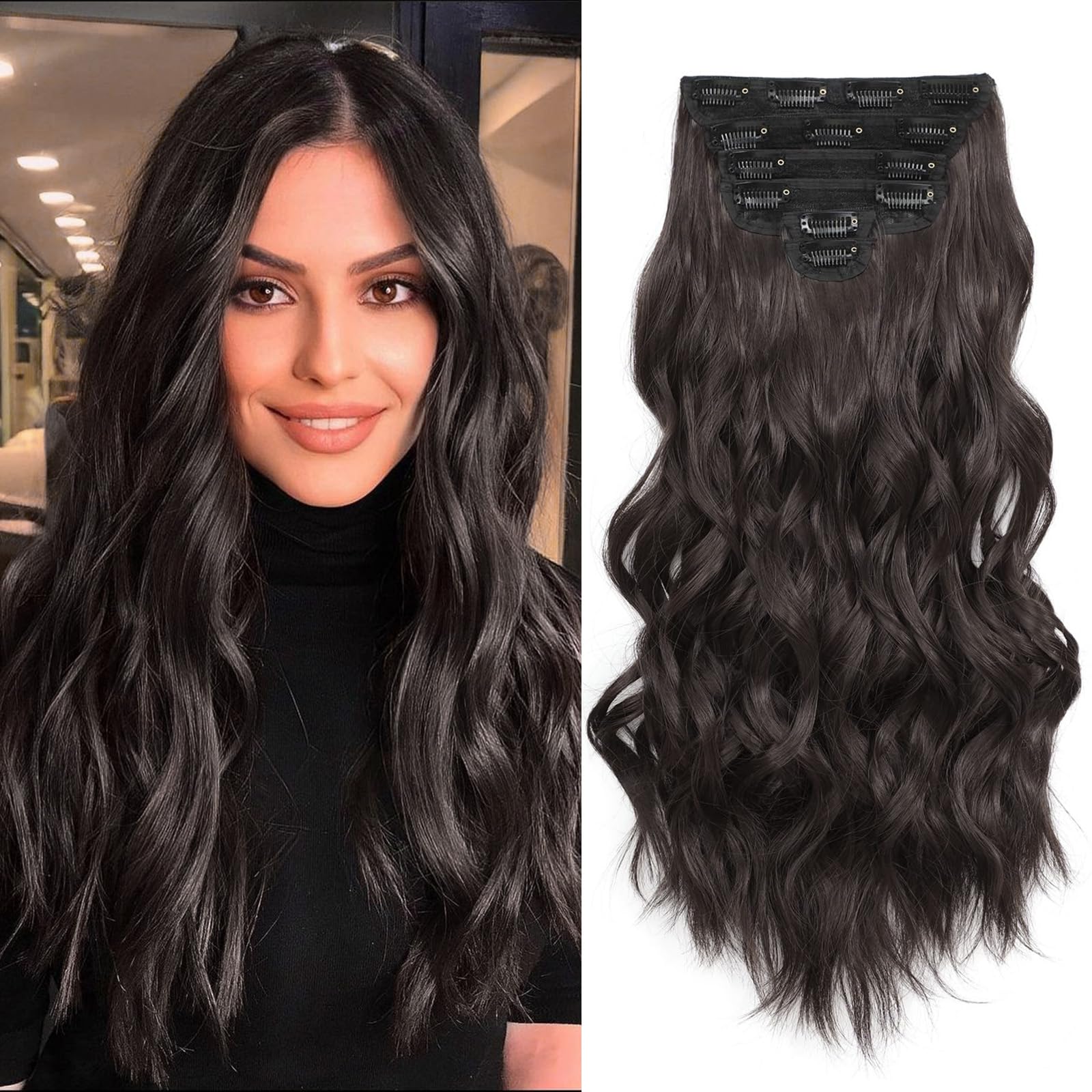 Fliace clip-in extensions six-piece set with wefts for instant volume.