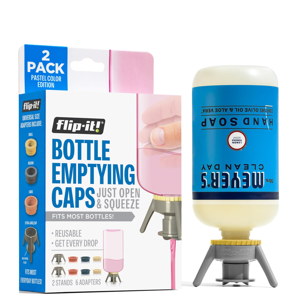 Flip-It! pastel base cap setup on bottle helps reseal for hassle-free refilling.