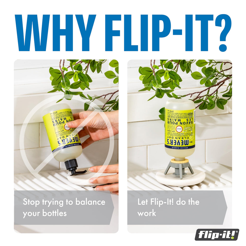 Flip-It! easy-use action shows plug-and-pour operation for effortless dispensing.