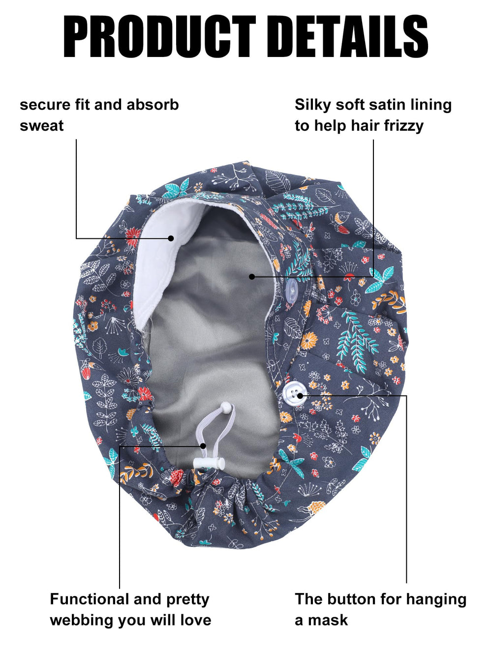 Floraltop nurse scrub cap with buttons and pony-tail hold for secure styling.
