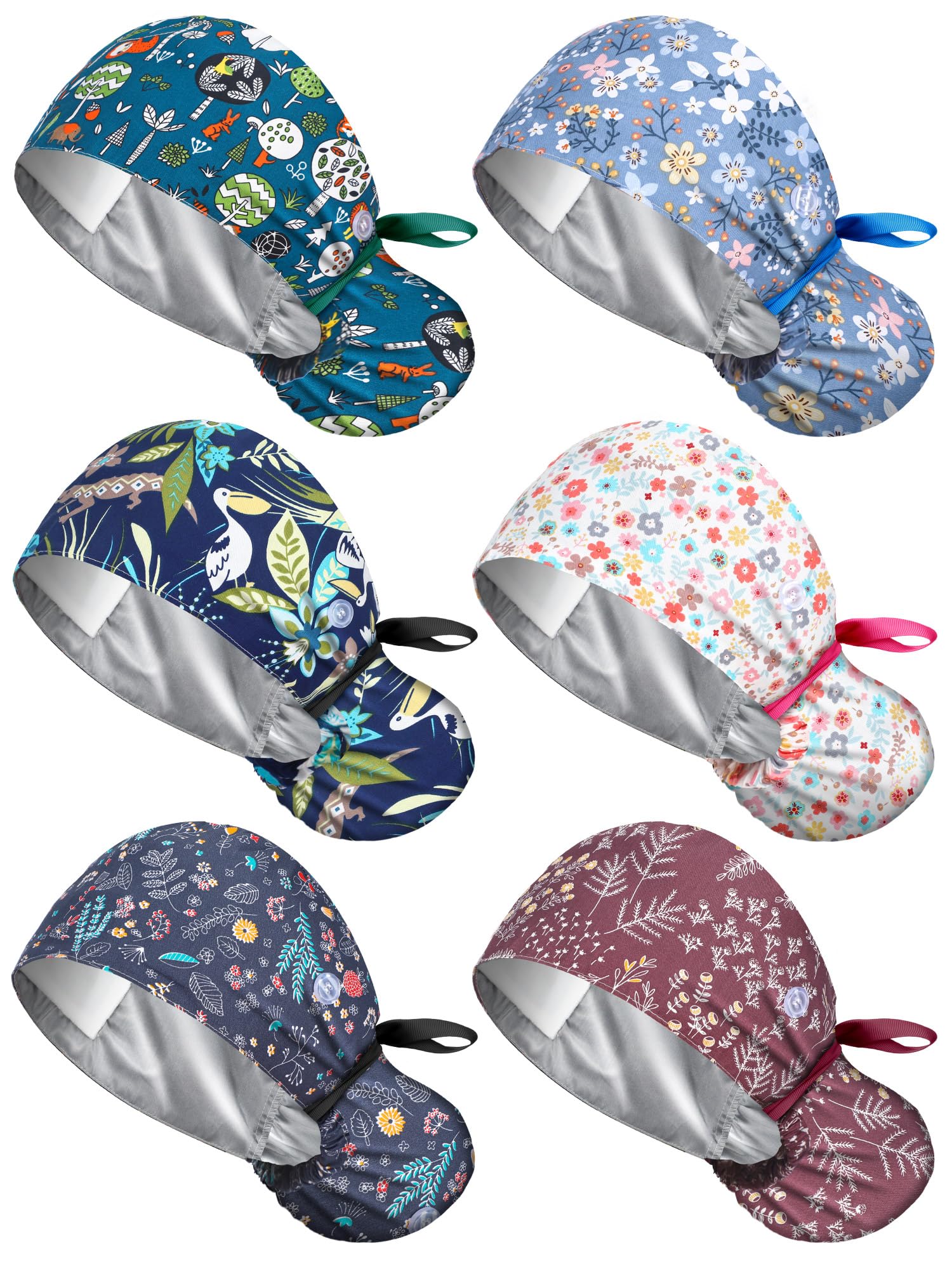 Floraltop satin-lined scrub cap six-pack designs for all-day comfort and style.