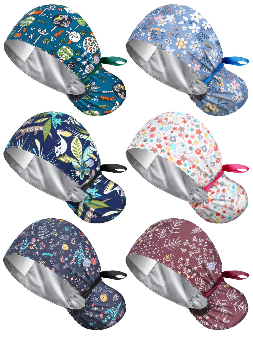 Floraltop satin-lined scrub cap six-pack designs for all-day comfort and style.