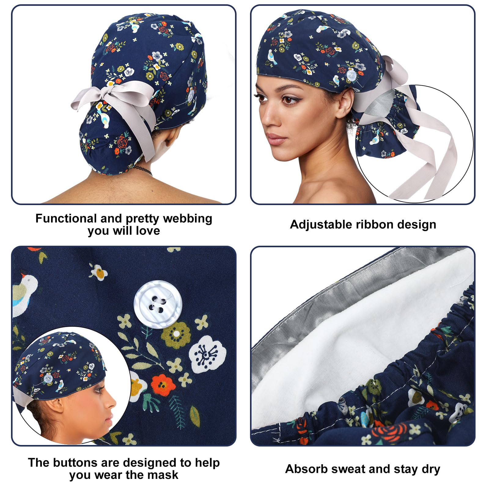 Floraltop satin lined scrub cap back view with elastic back for stable wear
