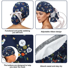 Floraltop satin lined scrub cap back view with elastic back for stable wear